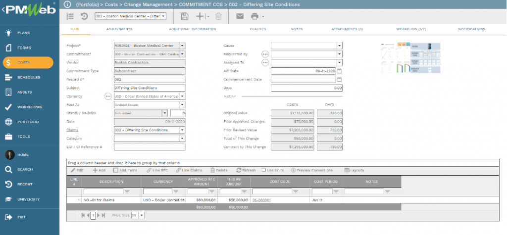 PMWeb 7 Costs Change Managment Commitment COS