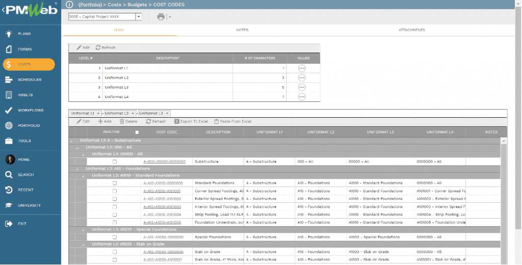 PMWeb 7 Costs Budgets Cost Codes