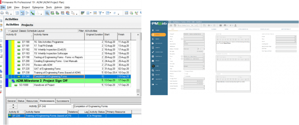 PMWeb 7 Forms RFIs Conflict
Primavera P6 Profesional