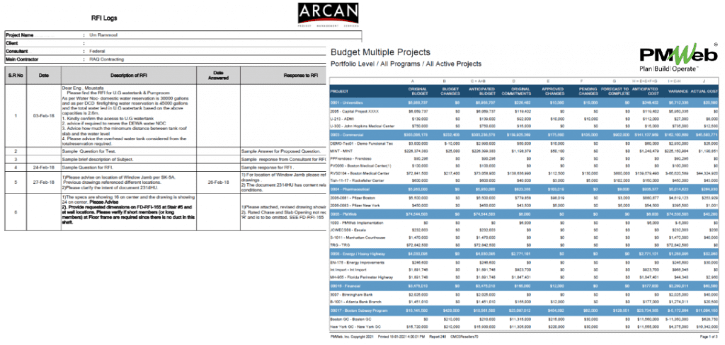 PMWeb 7 RFIs Log
Budget Multiple Projects Performance