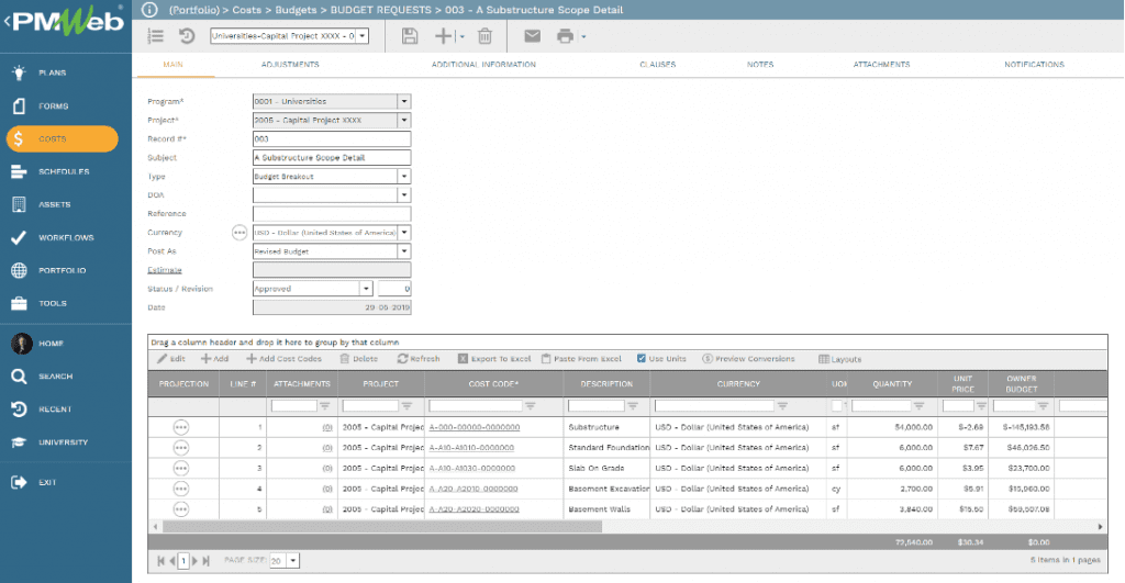 PMWeb 7 Costs Budgets Budget Requests