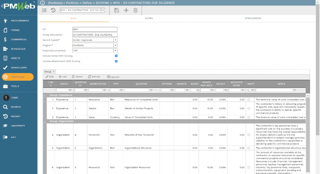 PMWeb 7 Portfolio Define Scoring