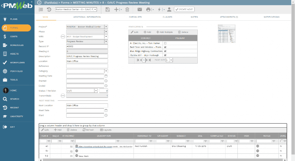 PMWeb 7 Forms Meeting Minutes Main