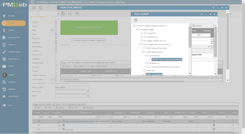PMWeb 7 Forms Meeting Minutes Main View Attachment Files Lookup
