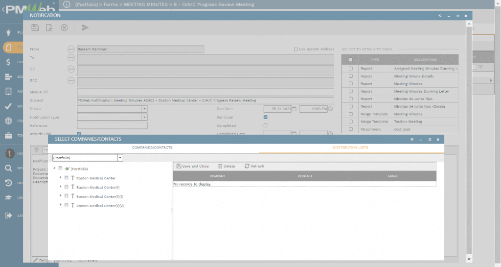 PMWeb 7 Forms Meeting Minutes Notification Select Companies/Contacts
