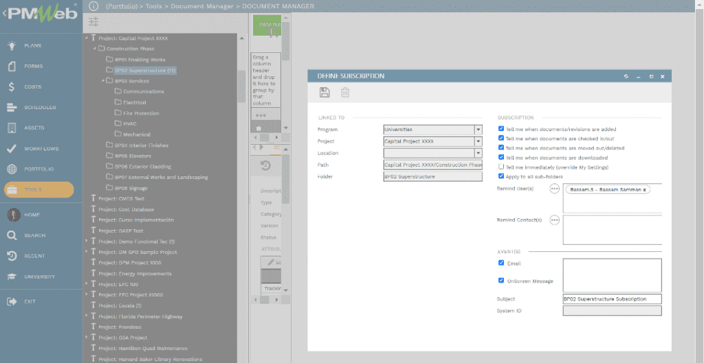 PMWeb 7 Tools Document Manager
Define Subscription