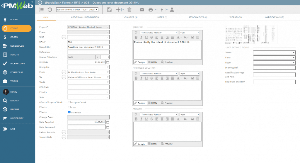 PMWeb 7 Forms RFIs Main