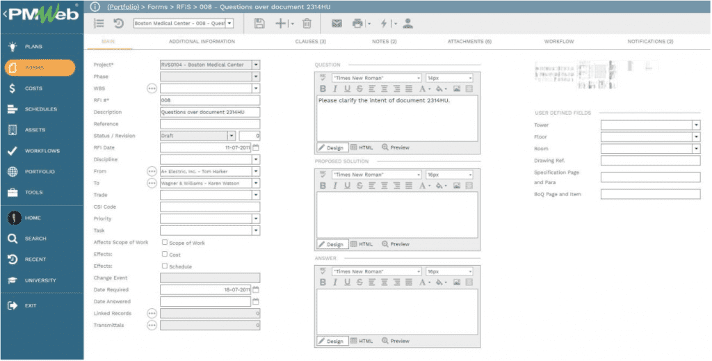 PMWeb 7 Forms RFIs Main