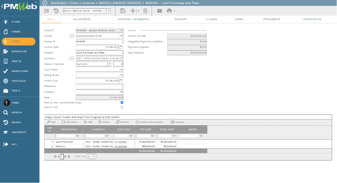 PMWeb 7 Costs Invoices Miscellaneous Invoices Main