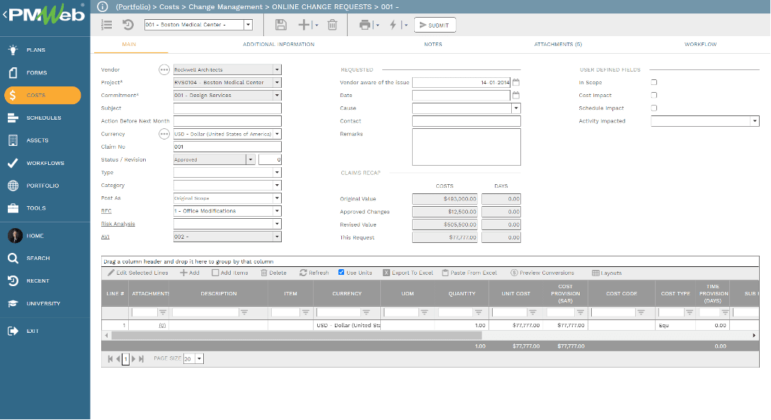 PMWeb 7 Costs Change Managment Online Change Requests Main