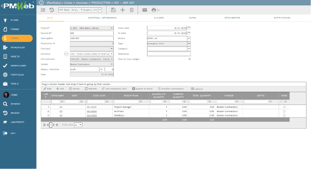 PMWeb 7 Costs Invoices Production Main