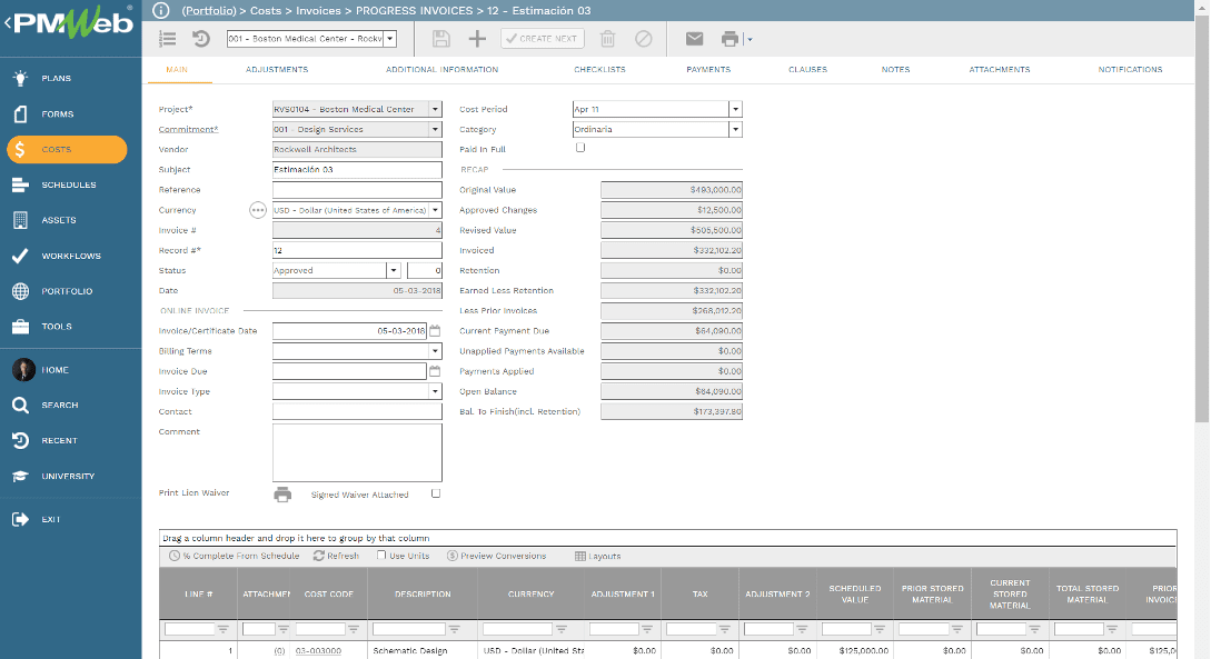 PMWeb 7 Costs Invoices Processes Invoices Main