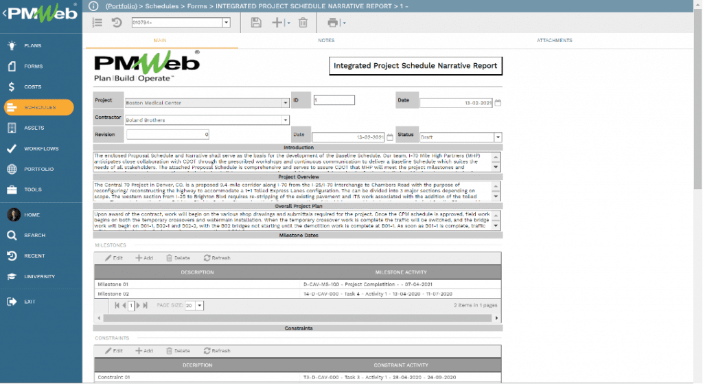 PMWeb 7 Schedules Forms Integrated Project Narrative Schedule Report Main