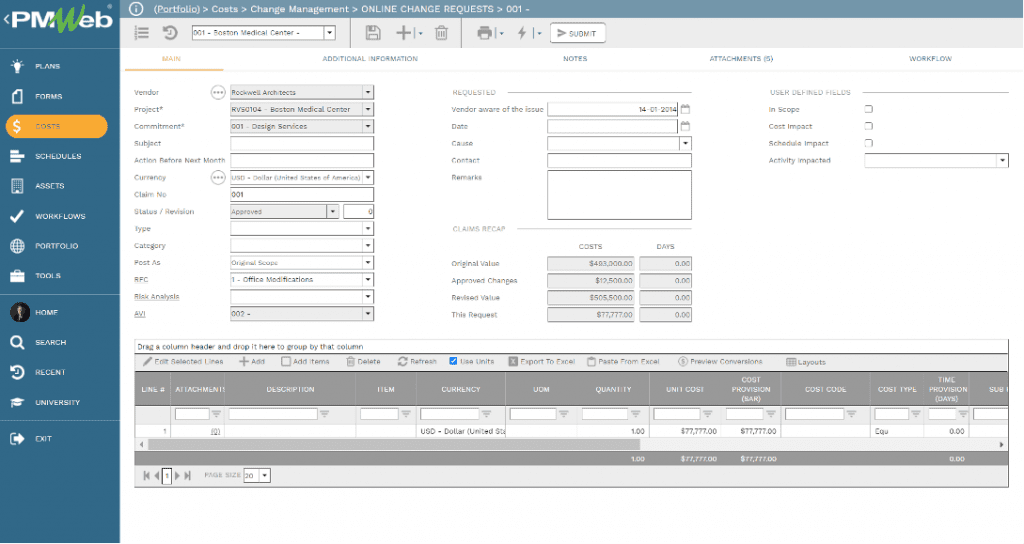 PMWeb 7 Costs Change Managment Online Change Requests Main