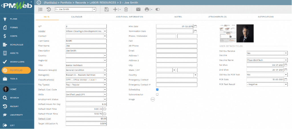 PMWeb 7 Portfolio Record Labor Resources Main