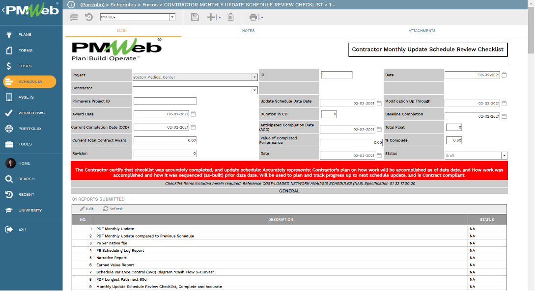 PMWeb 7 Schedules Forms Contractor Monthly Update Schedule Review Checklist Main 