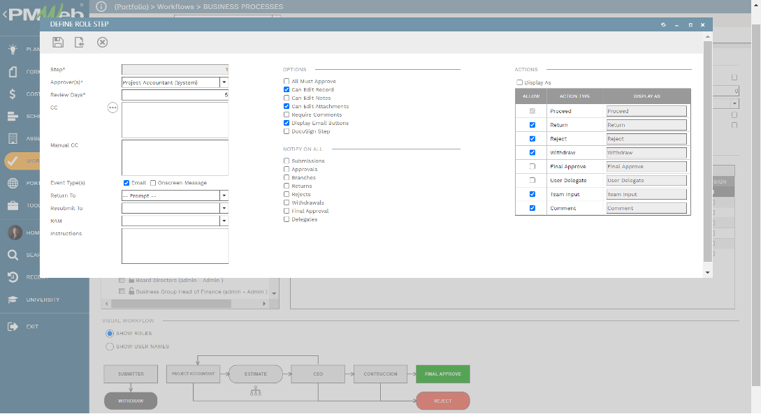 PMWeb 7 Workflows Business Processes Define Role Setup