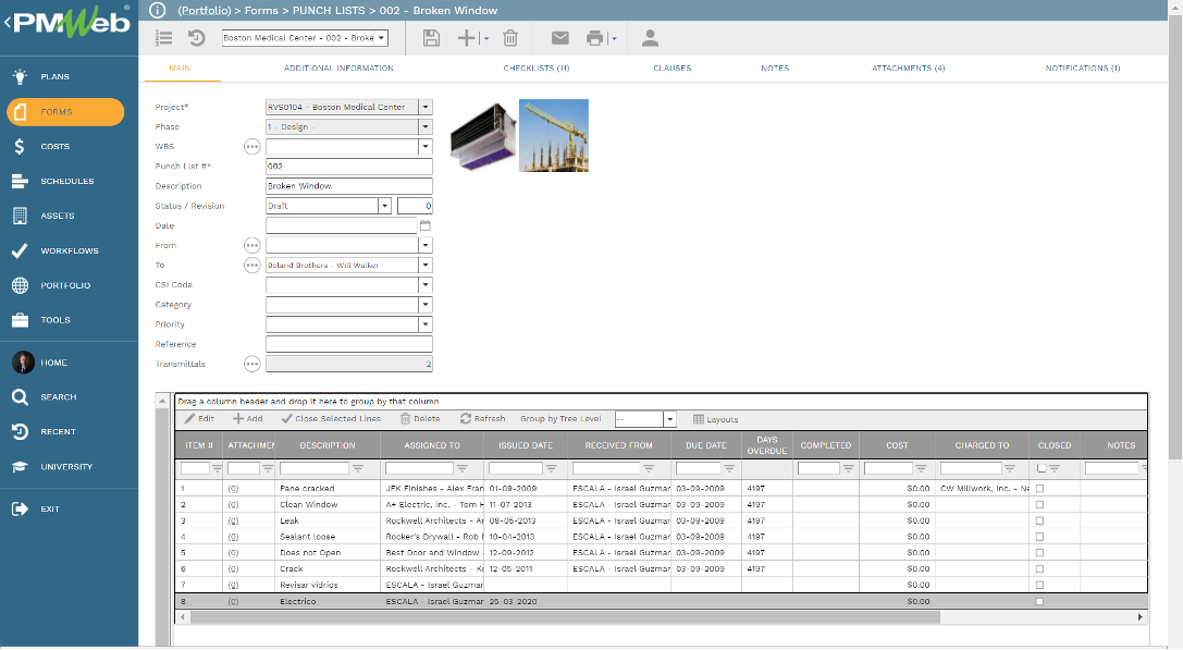 PMWeb 7 Forms Punch Lists Main