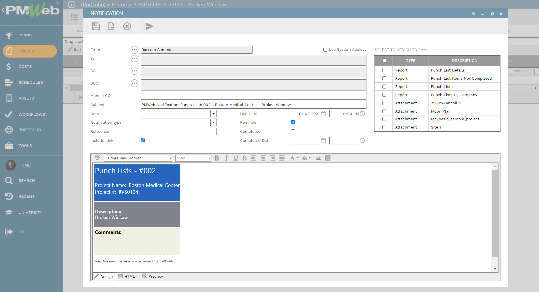 PMWeb 7 Forms Punch Lists Attachments Notification