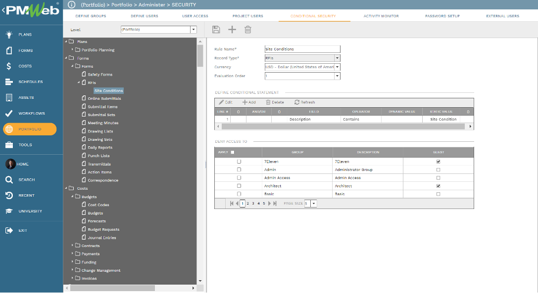 PMWeb 7 Portfolio Administer Security Conditional Security