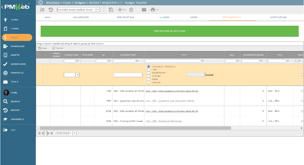PMWeb 7 Costs Budgets Budgets Requests Budget Transfer Attachments