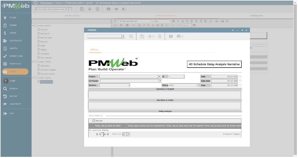 PMWeb 7 Tools Form Builder Schedule Delay Analysis Narrative PMWeb