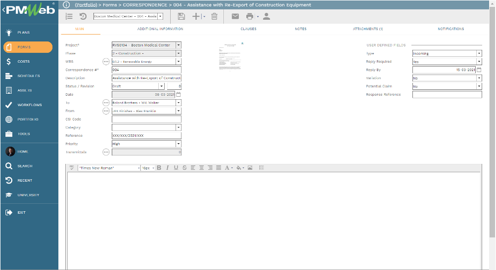 PMWeb 7 Forms Correspondence Assistance with Re-Export of Construction Equipment Main