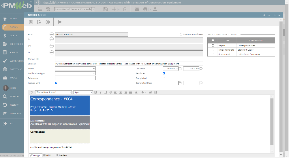 PMWeb 7 Forms Correspondence Assistance with Re-Export of Construction Equipment Notification