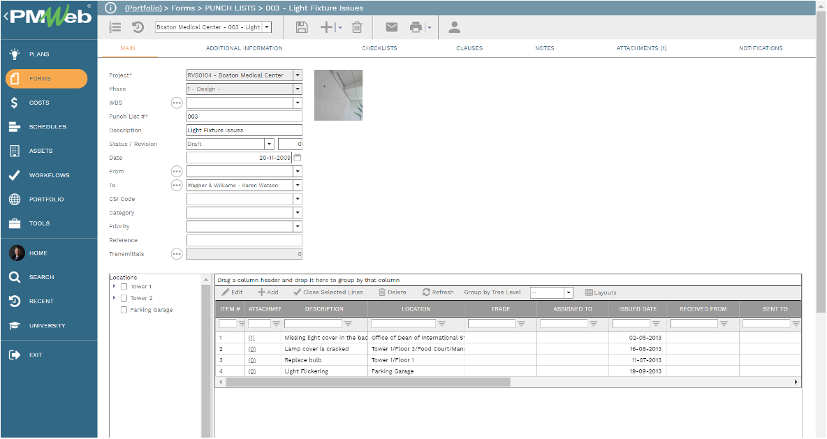 PMWeb 7 Forms Punch Lists Main