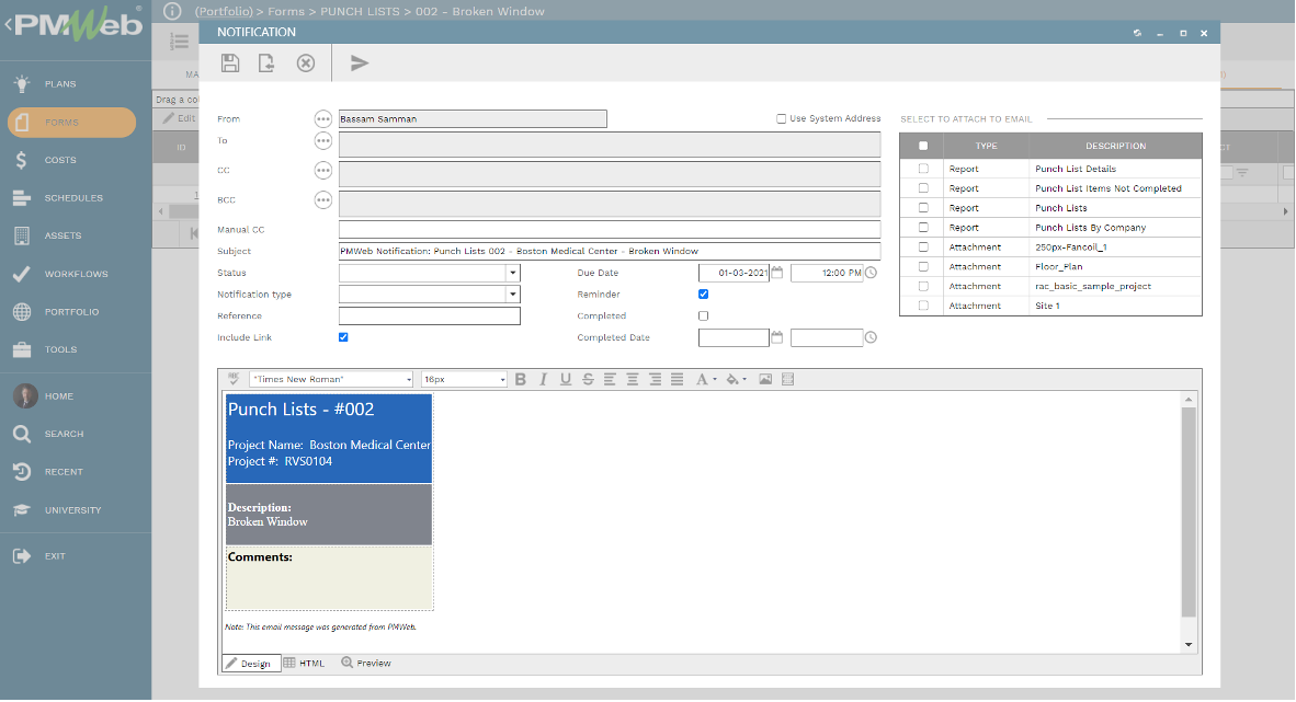 PMWeb 7 Forms Punch Lists Notifications