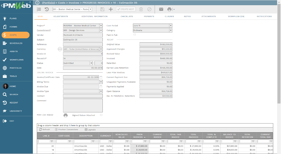 PMWeb 7 Costs Invoices Progress Invoices Estimation Main