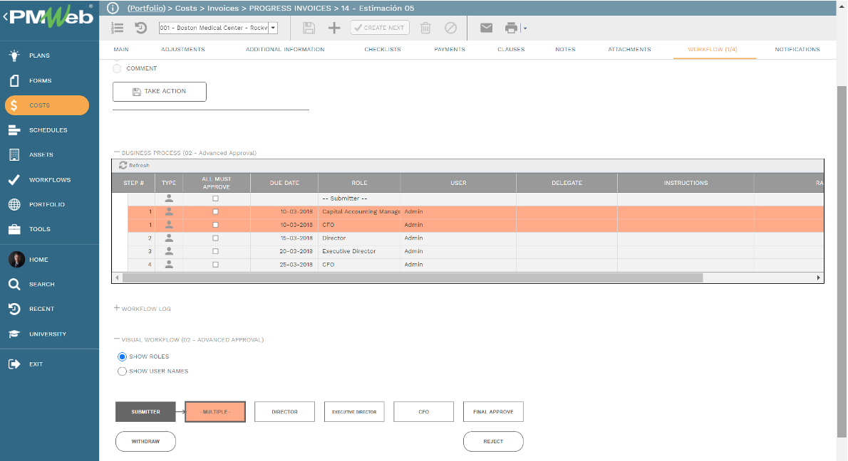 PMWeb 7 Costs Invoices Progress Invoices Estimation Workflow