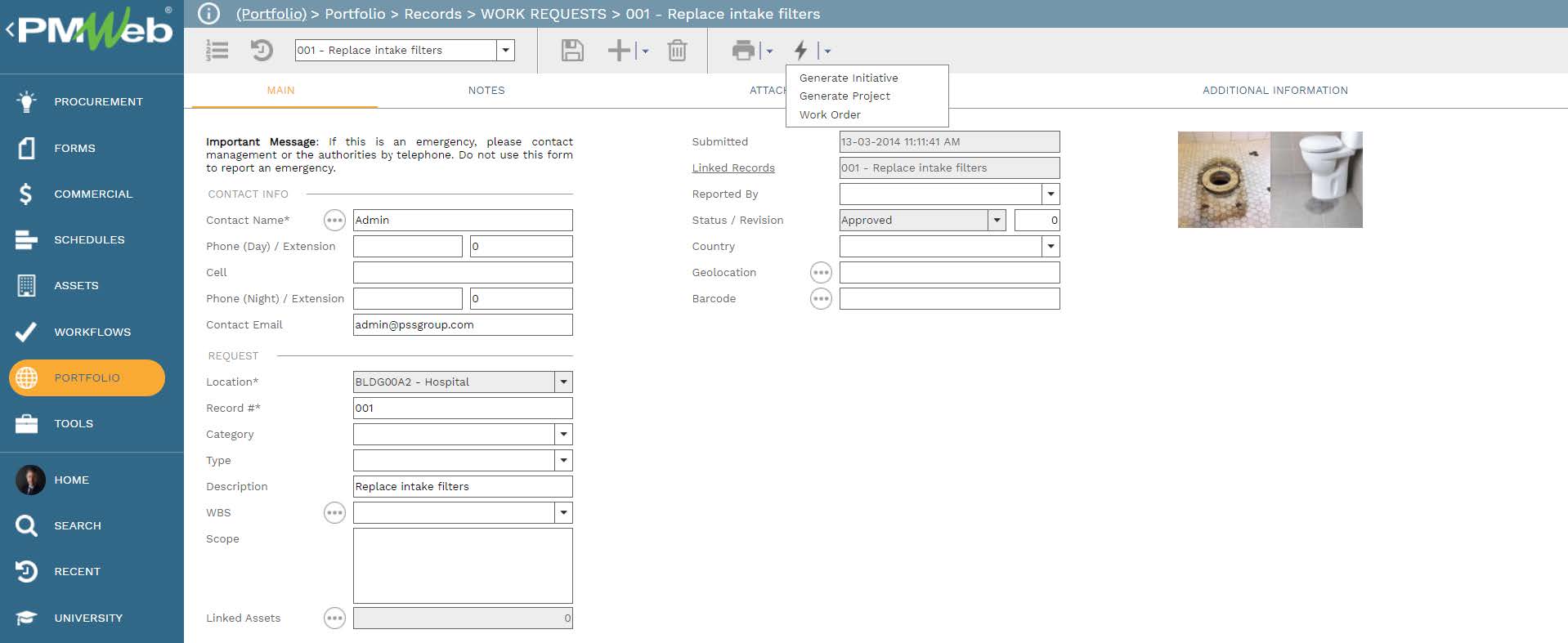 PMWeb 7 Portfolio Records Work Requests Replace Intake Filter Main
