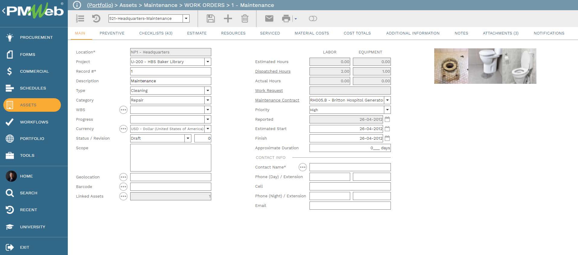 PMWeb 7 Assets Maintenance Work Orders Maintenance Main