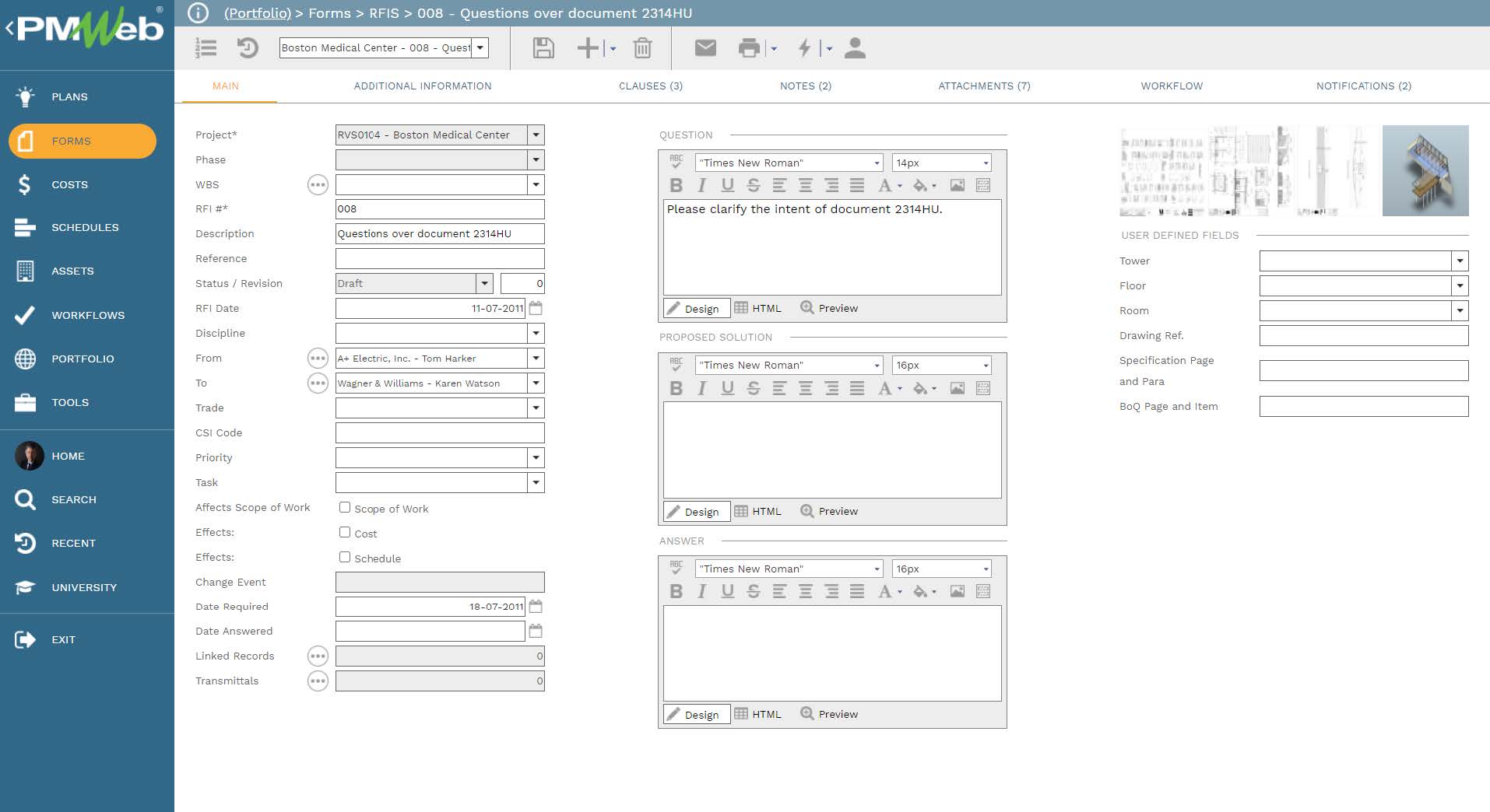 PMWeb 7 Forms RFIs Questions Over Document Main