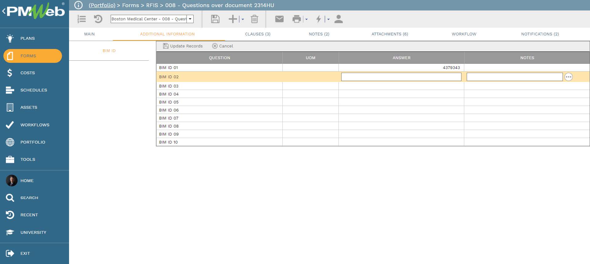 PMWeb 7 Forms RFIs Questions Over Document Additional Information