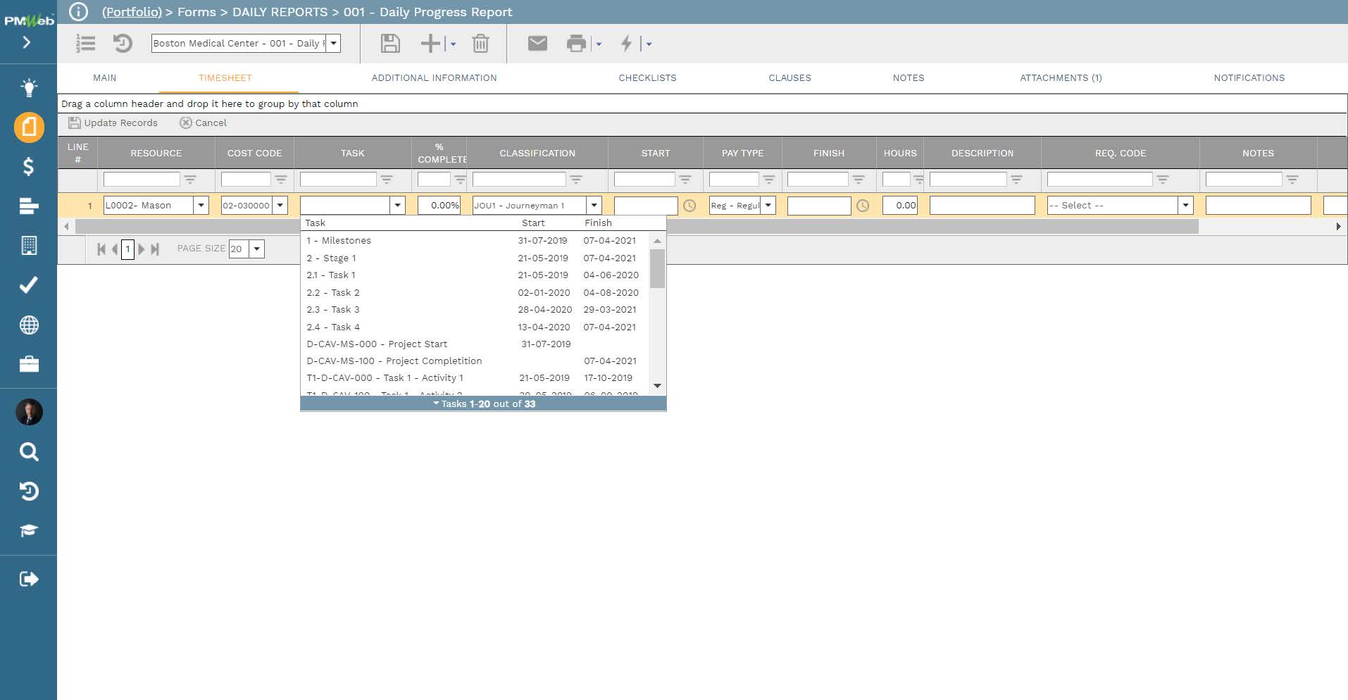 PMWeb 7 Forms Daily Reports Daily Progress Report Timesheet 