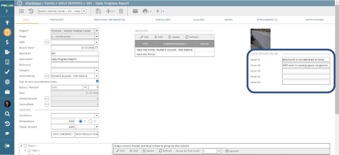 PMWeb 7 Forms Daily Reports Daily Progress Report Main