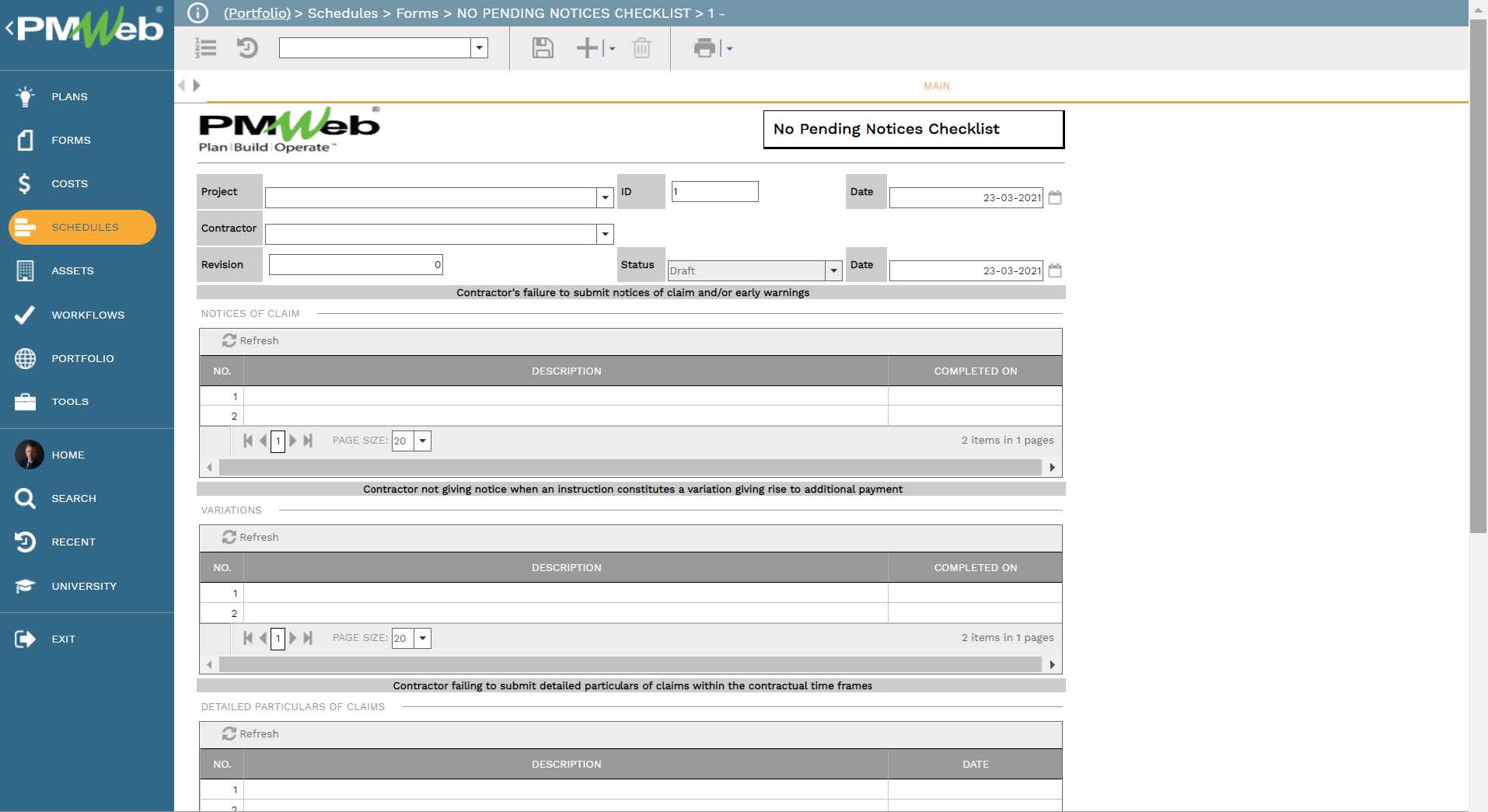 PMWeb 7 Schedules Forms no Pending Notice Checklist 
