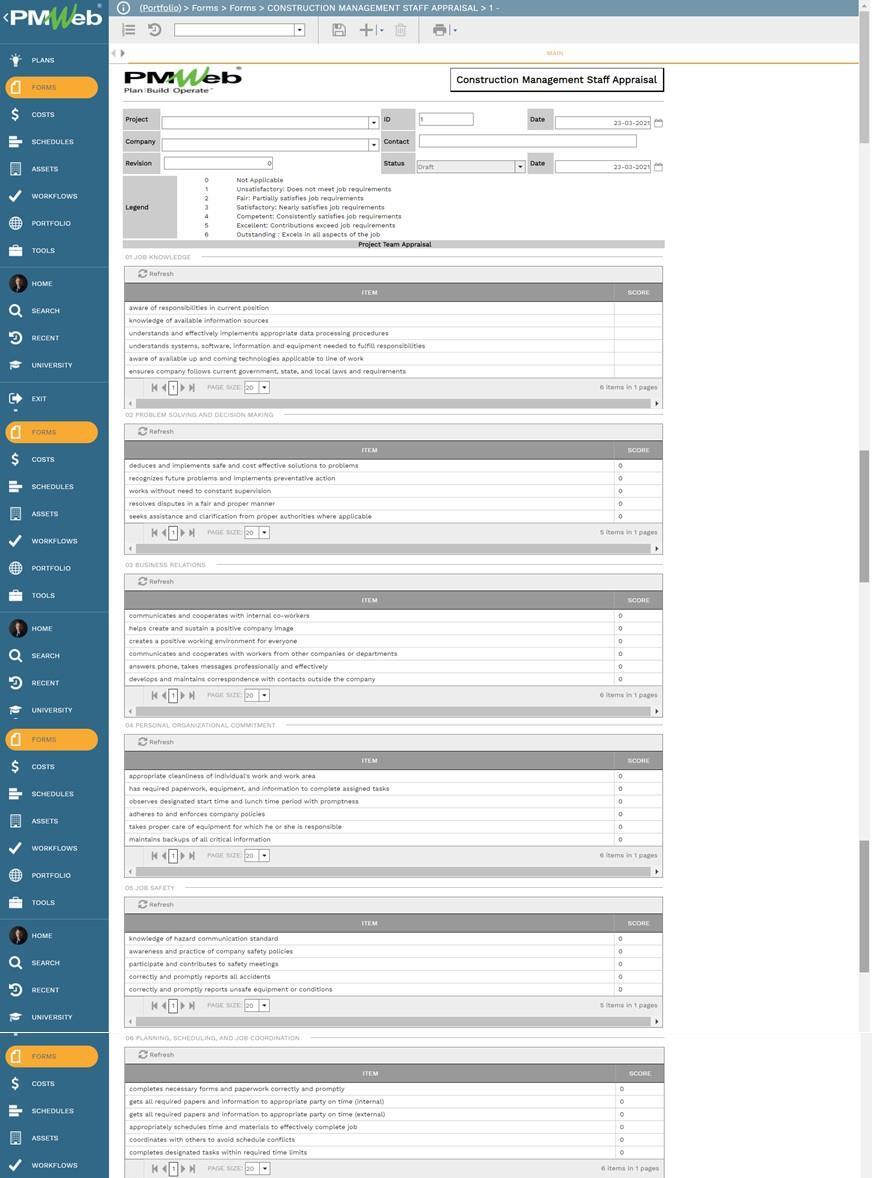 PMWeb 7 Forms Forms Construction Management Staff Appraisal main