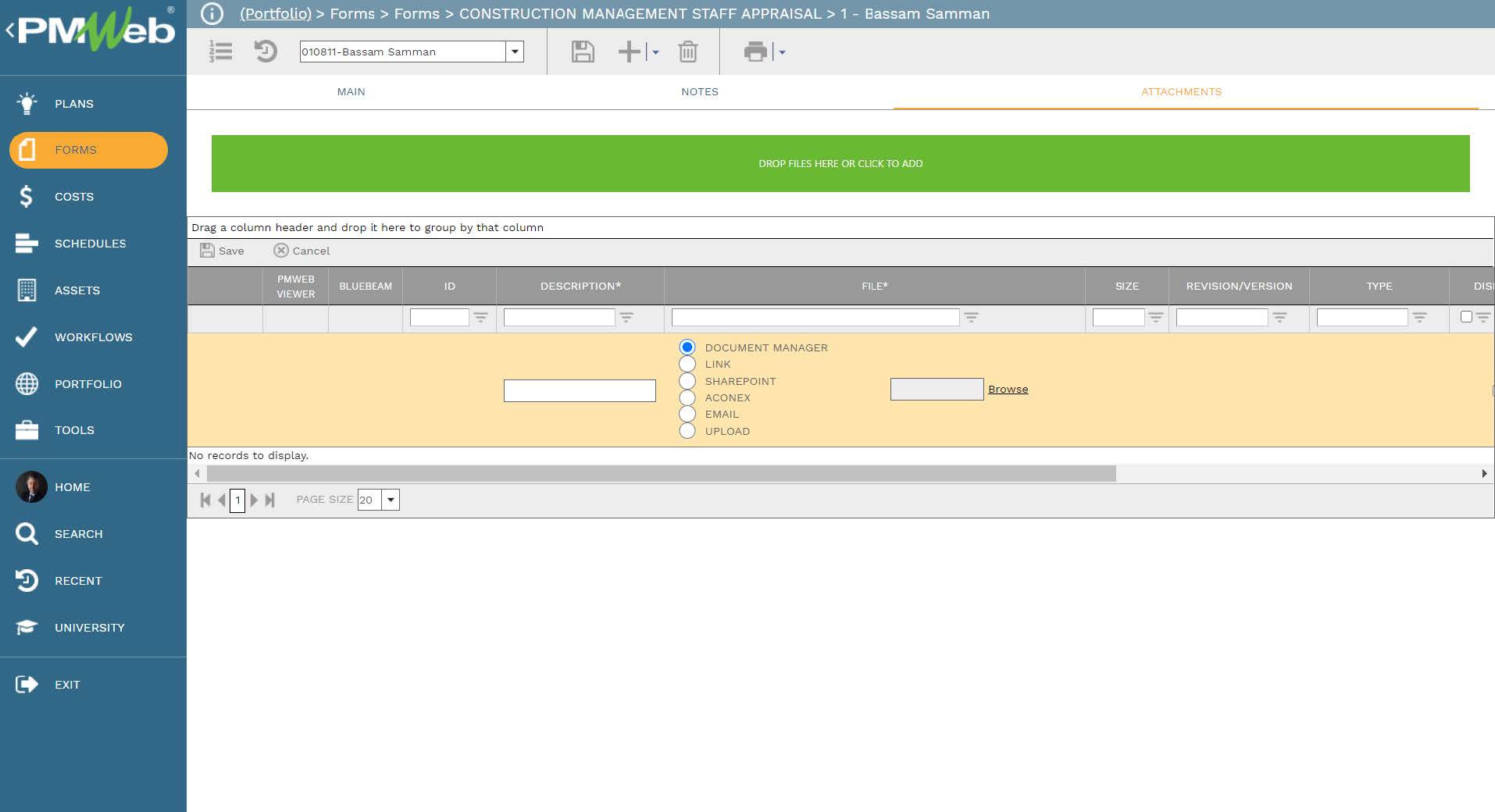 PMWeb 7 Forms Forms Construction Management Staff Appraisal Attachment 