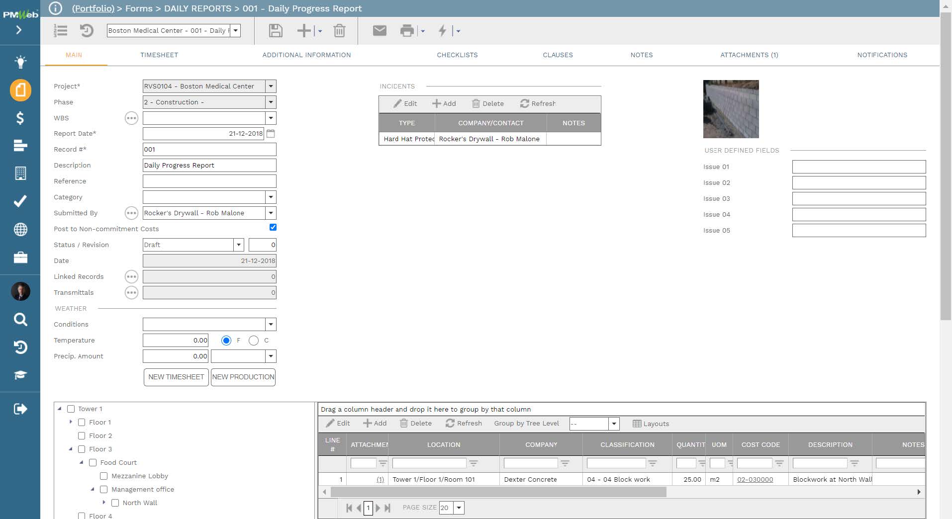 PMWeb 7 Forms Daily Reports Daily Progress Report Main