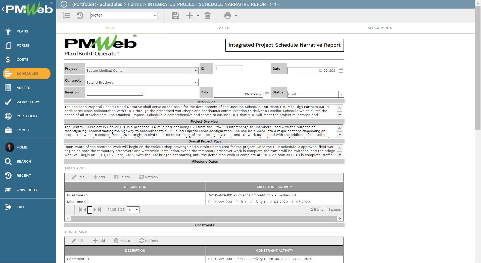 PMWeb 7 Schedules Forms Integrated Project Schedule Narrative Report Main Planning Engineer