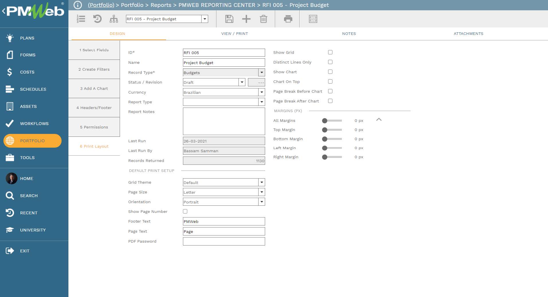 PMWeb 7 Portfolio Reports PMWEB Reporting Center RFI Project Budget Design Define Calculation Field