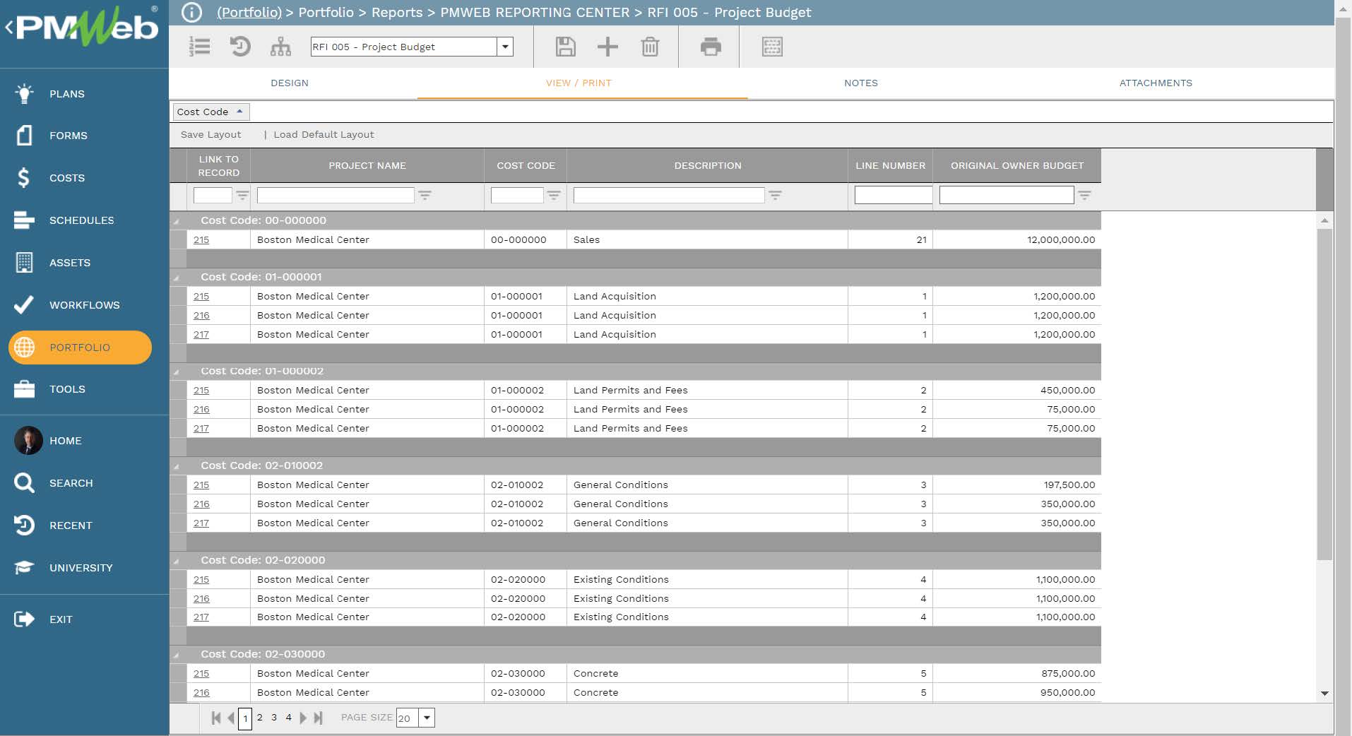 PMWeb 7 Portfolio Reports PMWeb Reporting Center RFI Project Budget Design Define Calculation Field for Data Visualization