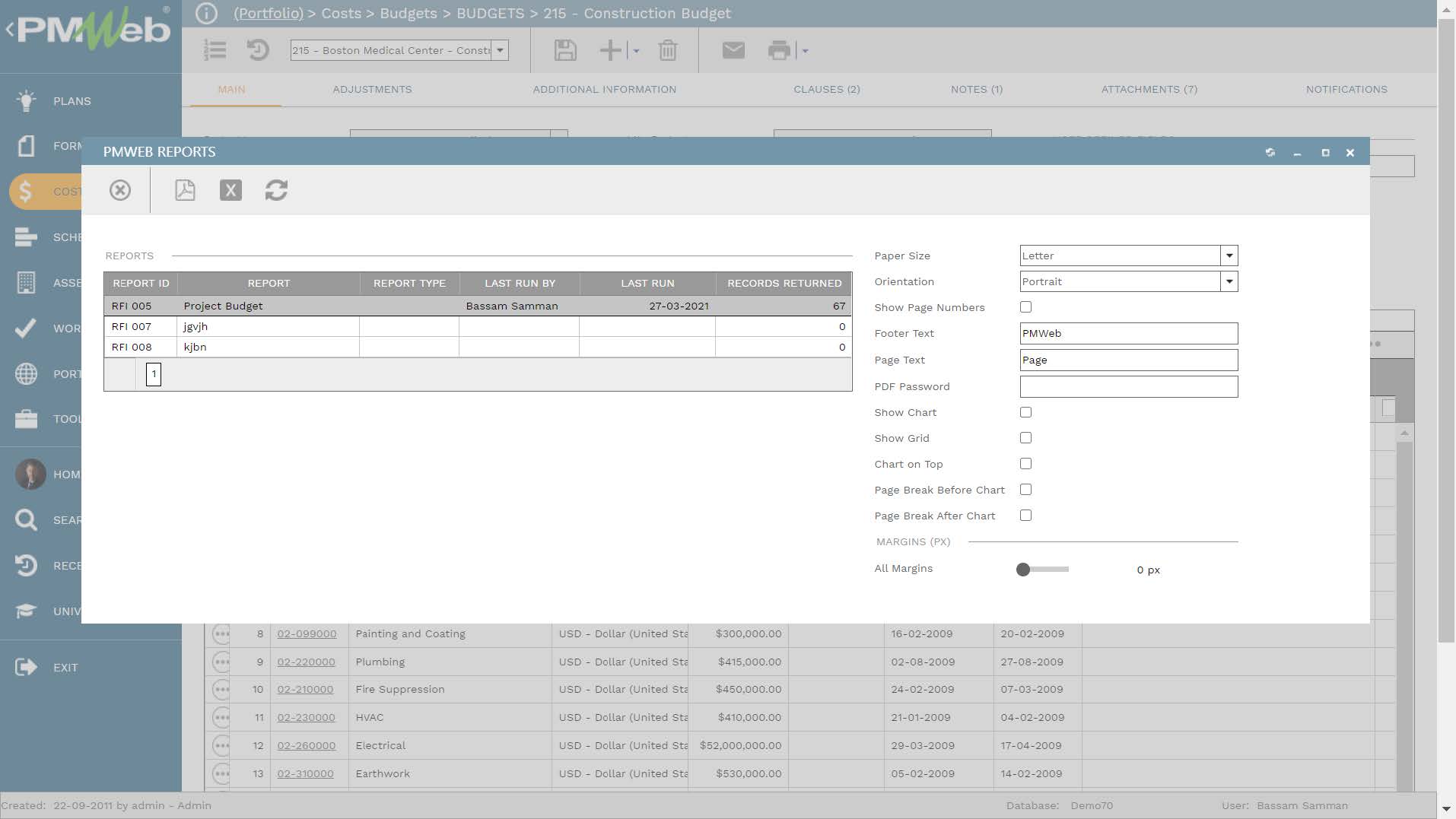 PMWeb 7 Costs Budgets Budgets Construction Budget PMWeb Reports for Data Visualization