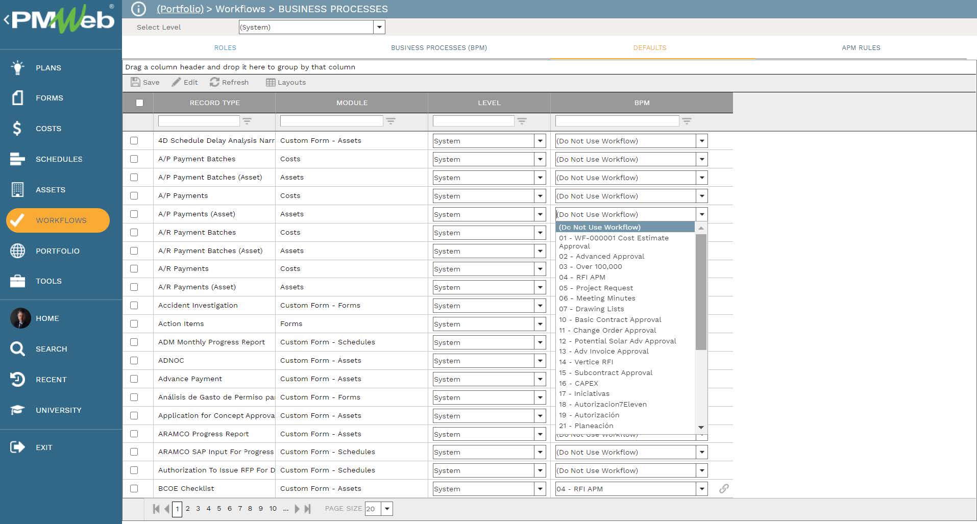 PMWeb 7 Workflow Business Processes Defaults