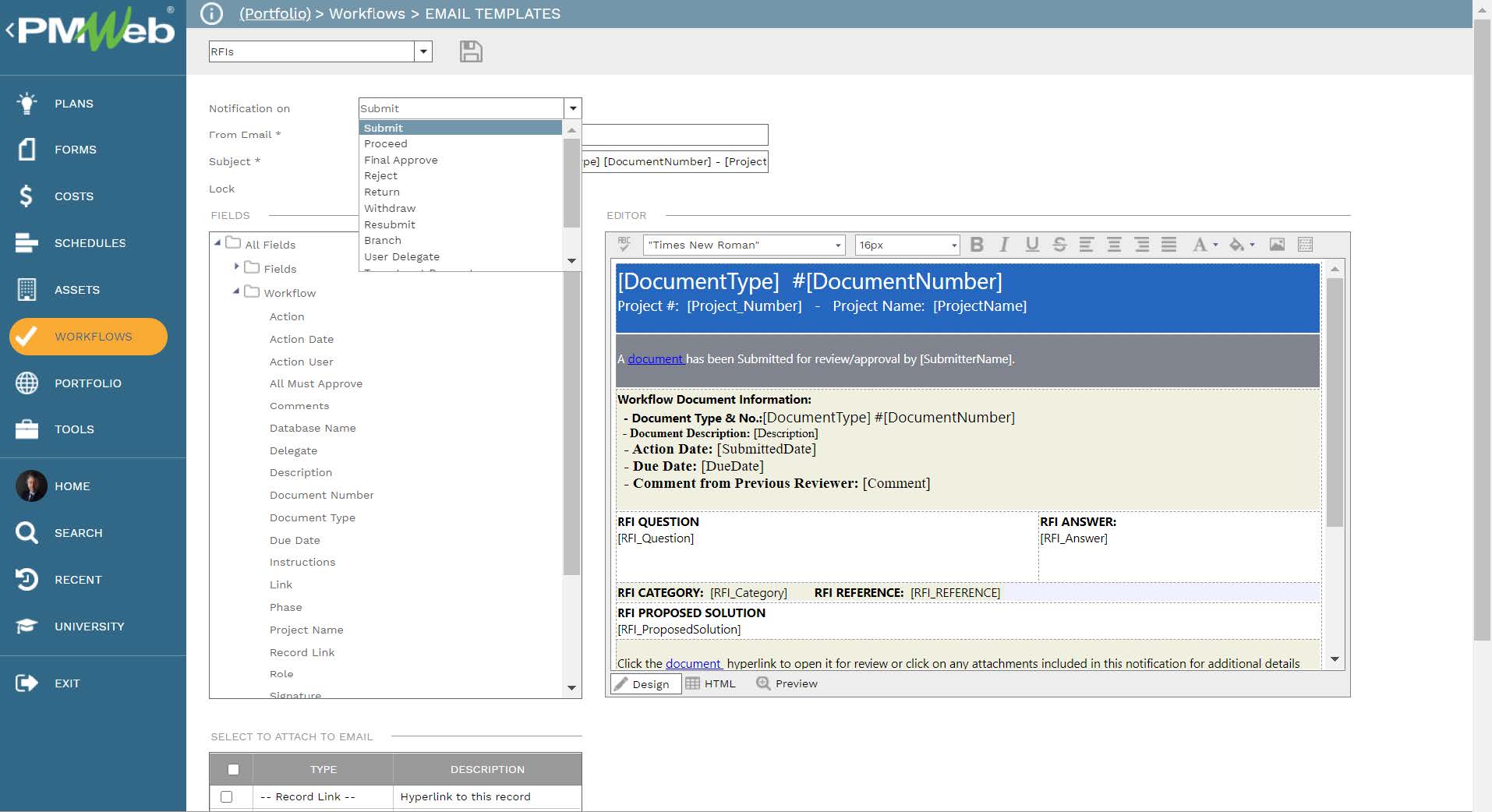 PMWeb 7 Workflows Email Templates