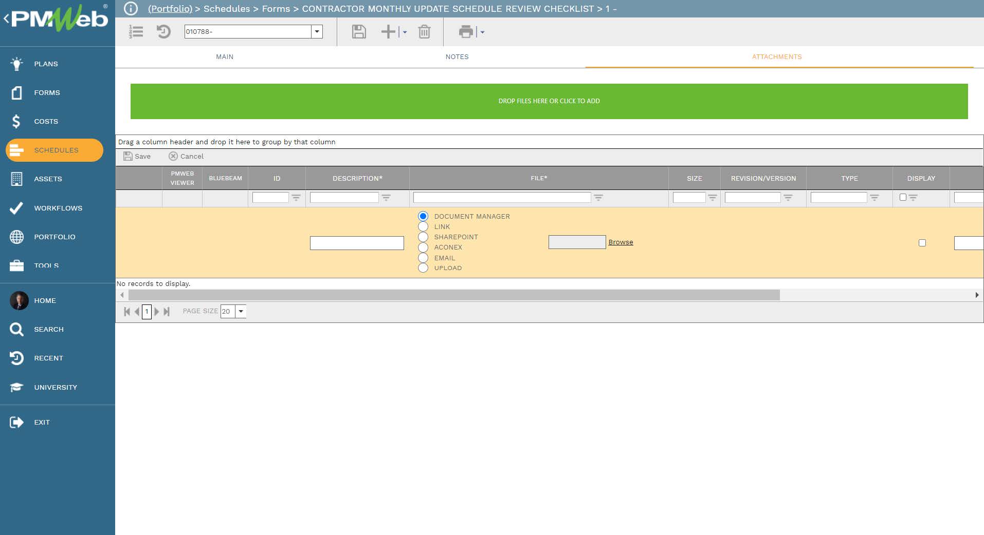 PMWeb 7 Schedules Forms Contractor Monthly Update Schedule Review Checklist Attachments