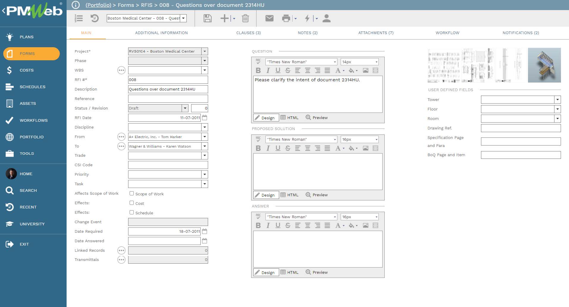 PMWeb 7 Forms RFIs Questions Over Document Main 